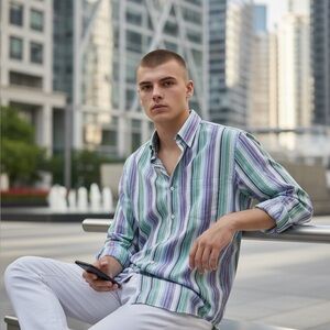 Tailorbyrd Collection Men's Striped Long‎ Sleeve Button Down Shirt, Blue Purple